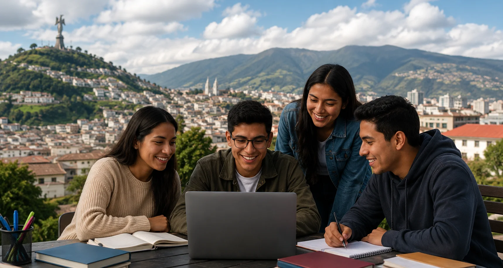 Estudiantes universitarios en Quito colaborando y utilizando herramientas digitales