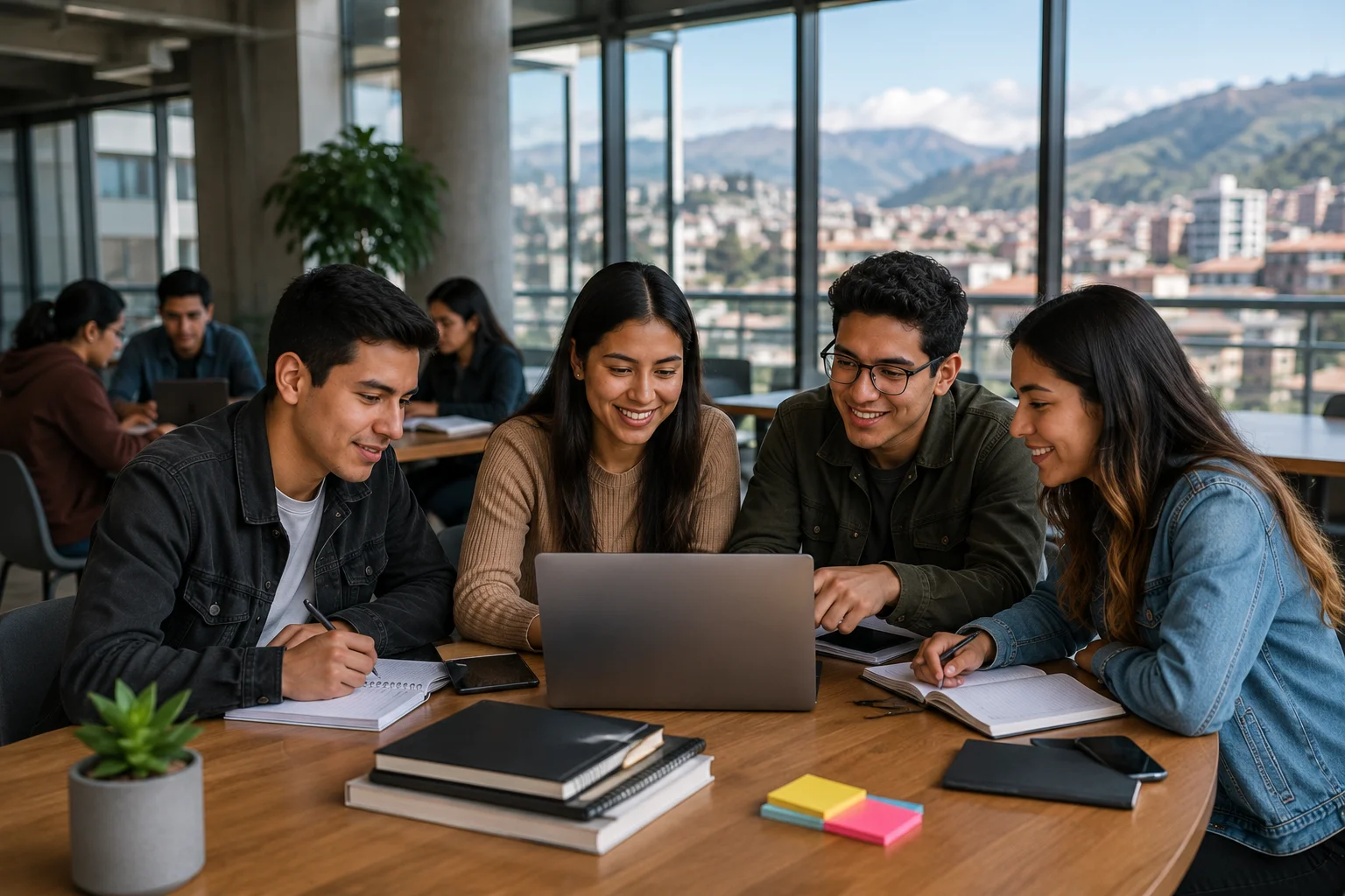 Estudiantes universitarios ecuatorianos trabajando en equipo con herramientas digitales